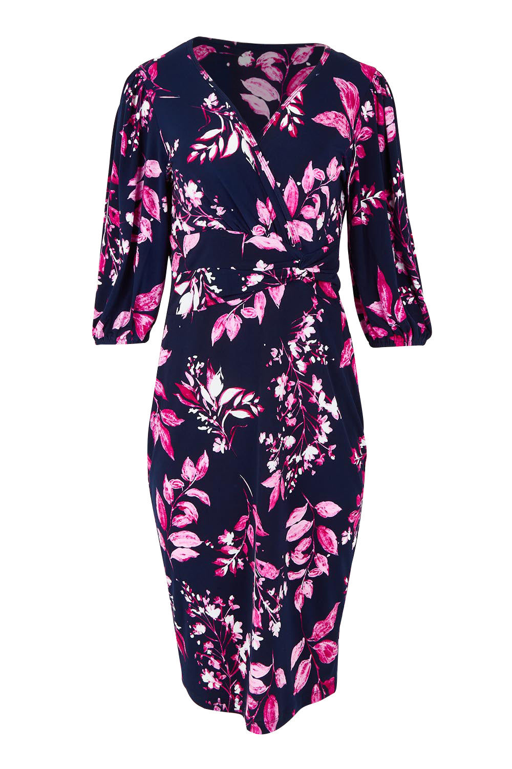 Product shot of The Printed Knot Waist Detail Dress in colour Nightpetal (Blue), from the front