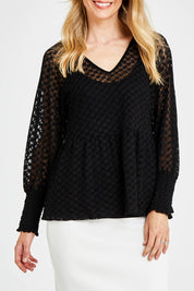 Model Kelly wearing size 10 of The Smocked Cuff Lace Blouse in colour Black (Black), from the front, cropped image