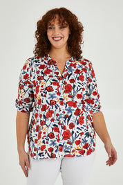 Model Maddy wearing size 16 of The 3/4 Sleeve Cotton Shirt in colour Tulips (White), from the front, cropped image