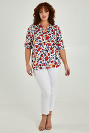 Model Maddy wearing size 16 of The 3/4 Sleeve Cotton Shirt in colour Tulips (White), from the front, showing the whole outfit