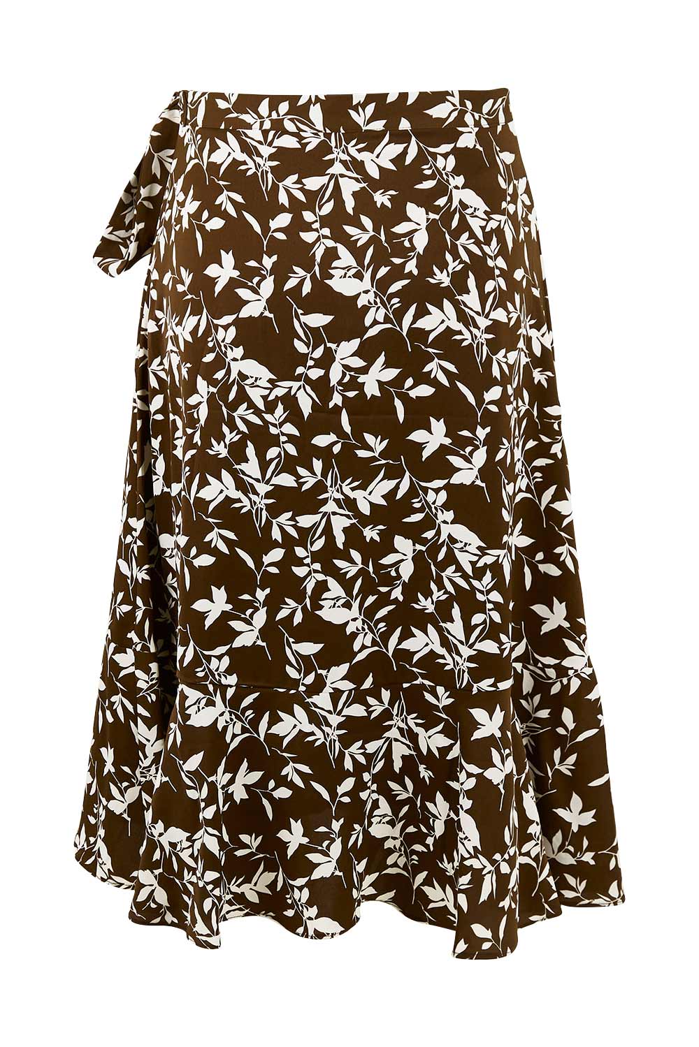 Product shot of The Lined Faux Wrap Ruffle Skirt in colour Vines, from the back