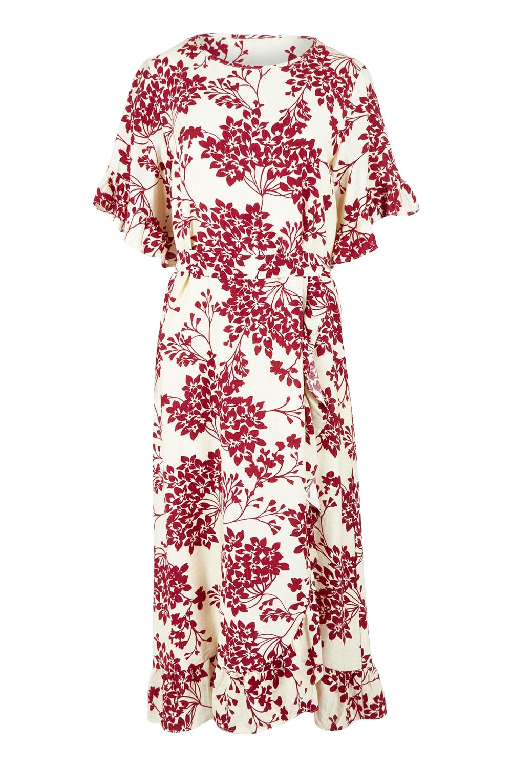 Product shot of The Lined Kimono Sleeve Ruffle Hem Dress in colour Winebloom (Red), from the front