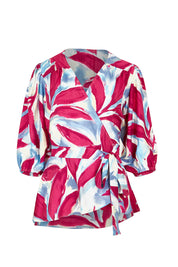 Product shot of The Printed Blouson Sleeve Wrap Blouse in colour Pinkleaf (Pink), from the front
