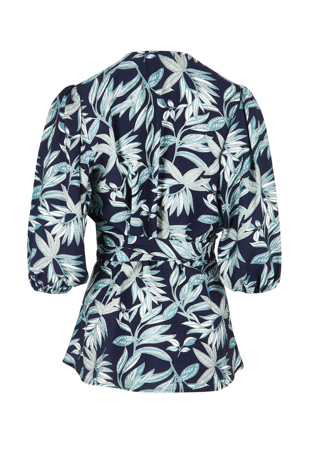 Product shot of The Printed Blouson Sleeve Wrap Blouse in colour Navyleaf (Blue), from the back