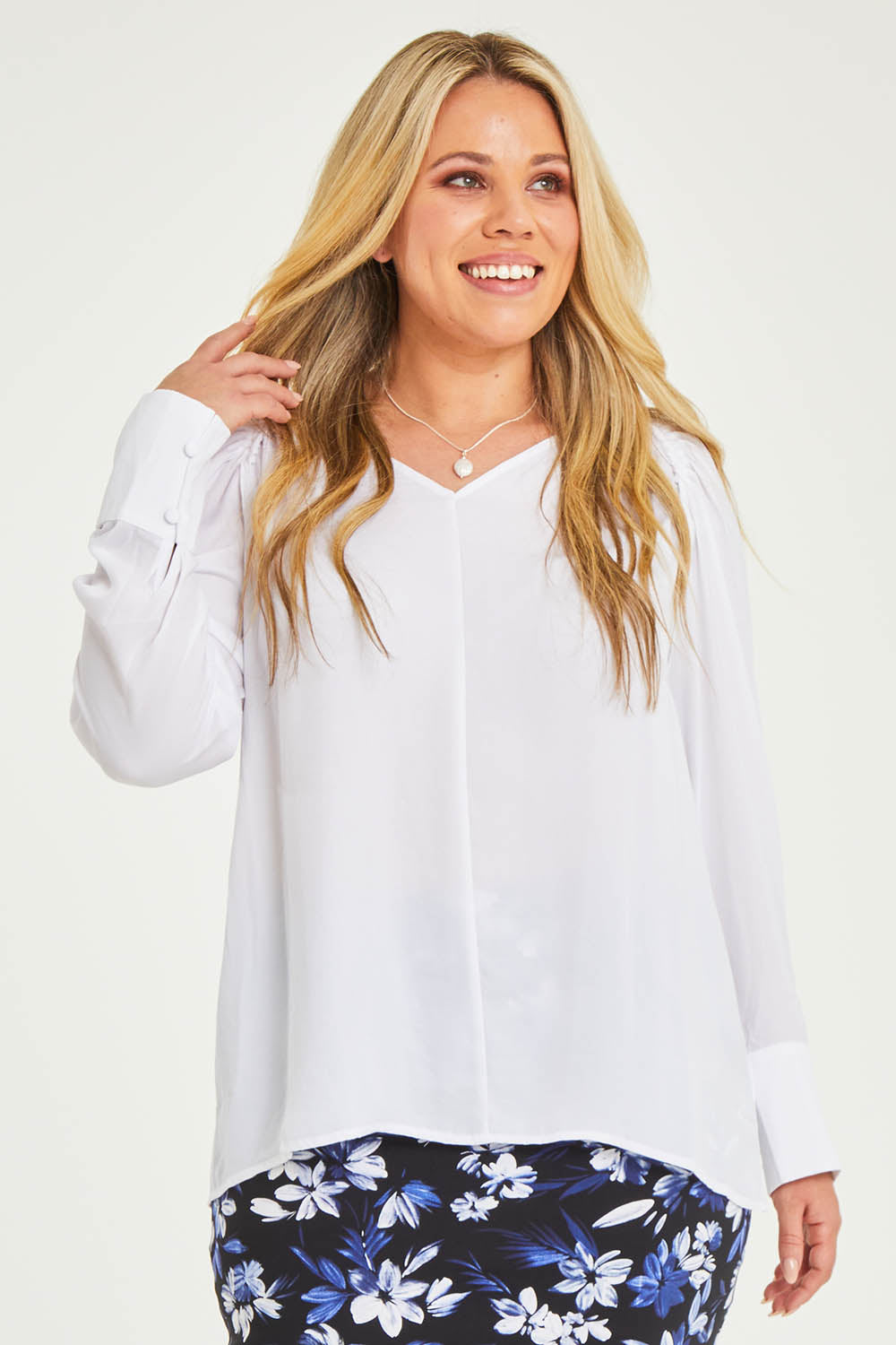 Model Katie wearing size 16 of The Pleated Raglan Sleeve Blouse in colour White (White), from the front, cropped image