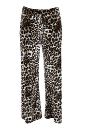 Product shot of The Printed Velvet Pull On Pant in colour Leopard (Black), from the front