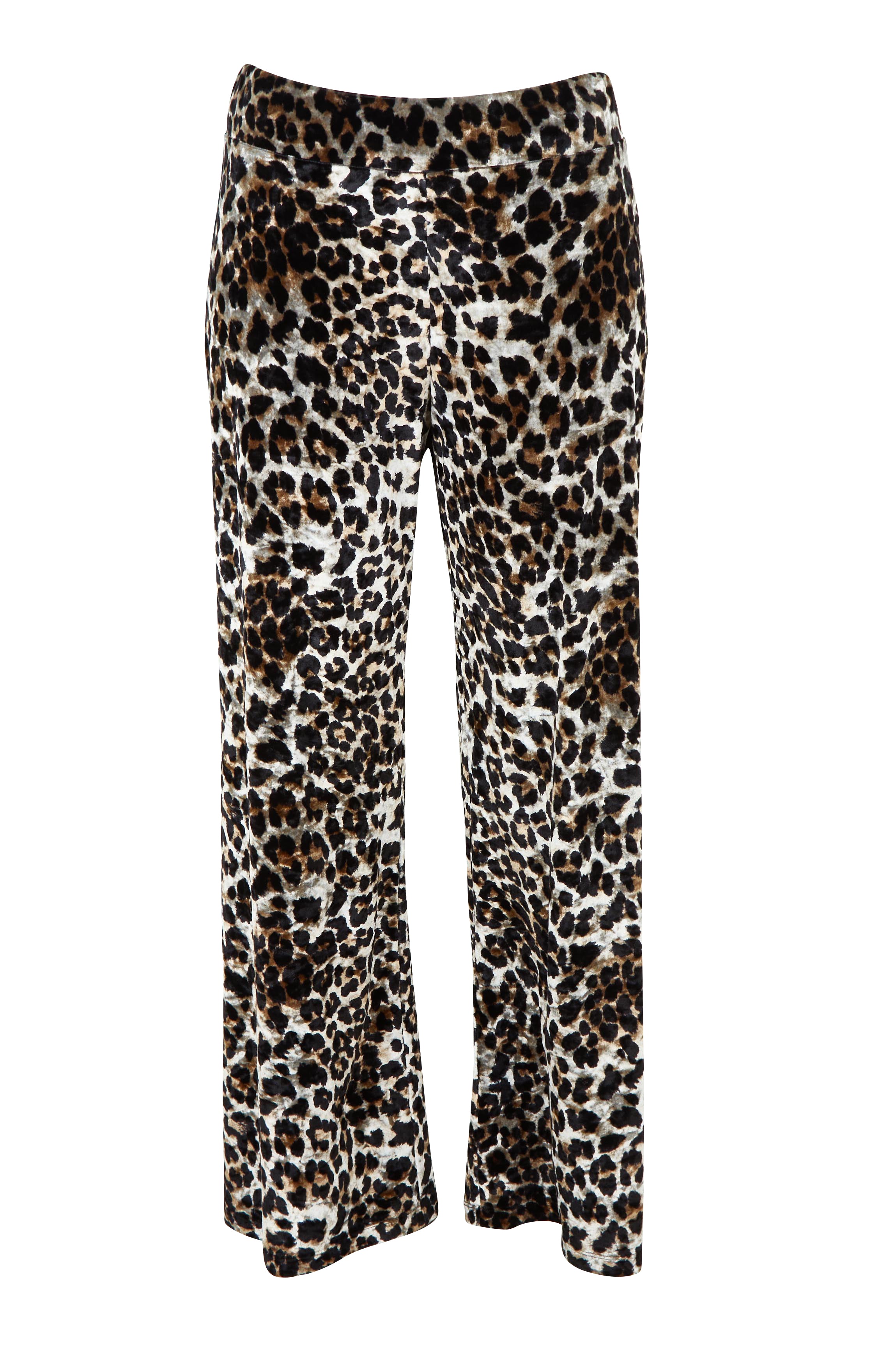 Product shot of The Printed Velvet Pull On Pant in colour Leopard (Black), from the front
