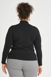 Model Alexis wearing size XL of The Button Detail Knit Jumper in colour Black (Black), from the back