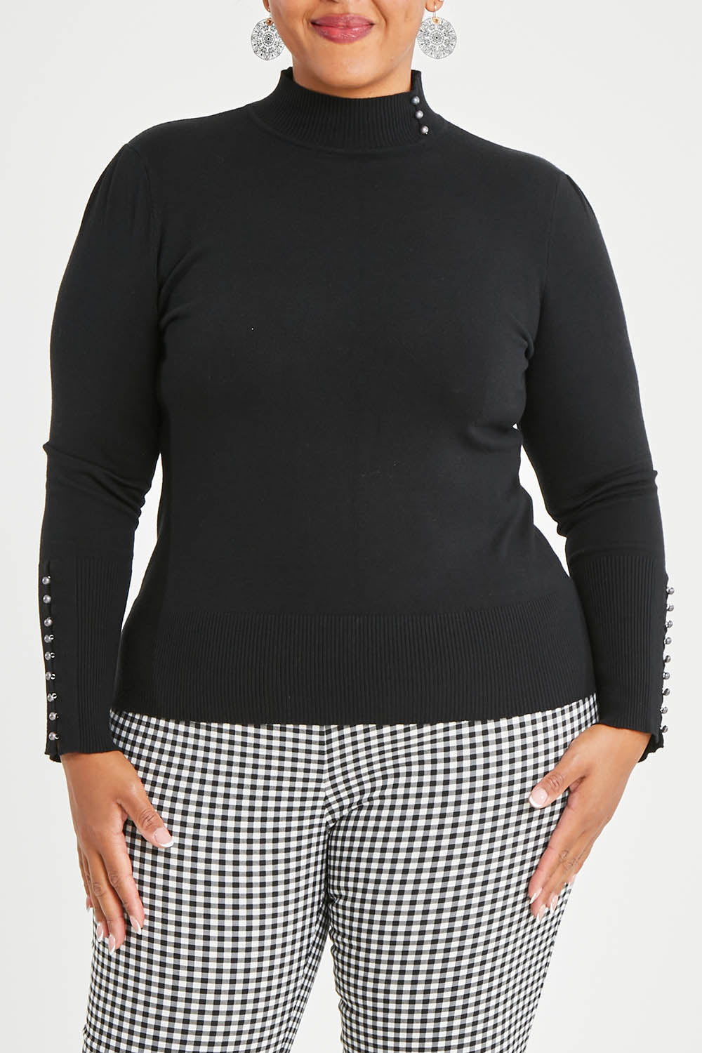 Model Alexis wearing size XL of The Button Detail Knit Jumper in colour Black (Black), from the front, cropped image