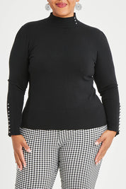 Model Alexis wearing size XL of The Button Detail Knit Jumper in colour Black (Black), from the front, cropped image