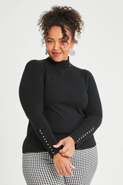 Model Alexis wearing size XL of The Button Detail Knit Jumper in colour Black (Black), from the front, cropped image