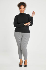 Model Alexis wearing size XL of The Button Detail Knit Jumper in colour Black (Black), from the front, showing the whole outfit