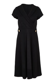 Product shot of The Cap Sleeve Ponte Lapel Dress in colour Black (Black), from the front