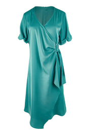 Product shot of The Buckle Detail Faux Wrap Dress in colour Lagoon (Green), from the front