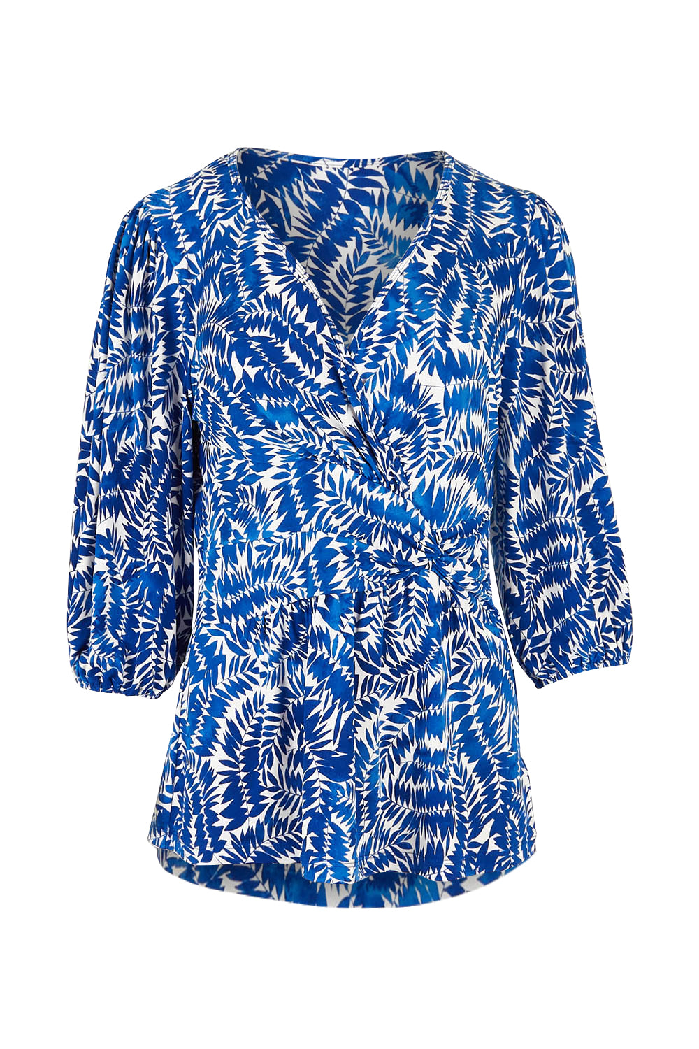Product shot of The Printed Knot Waist Detail Blouse in colour Fern (Blue), from the front