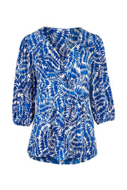 Product shot of The Printed Knot Waist Detail Blouse in colour Fern (Blue), from the front