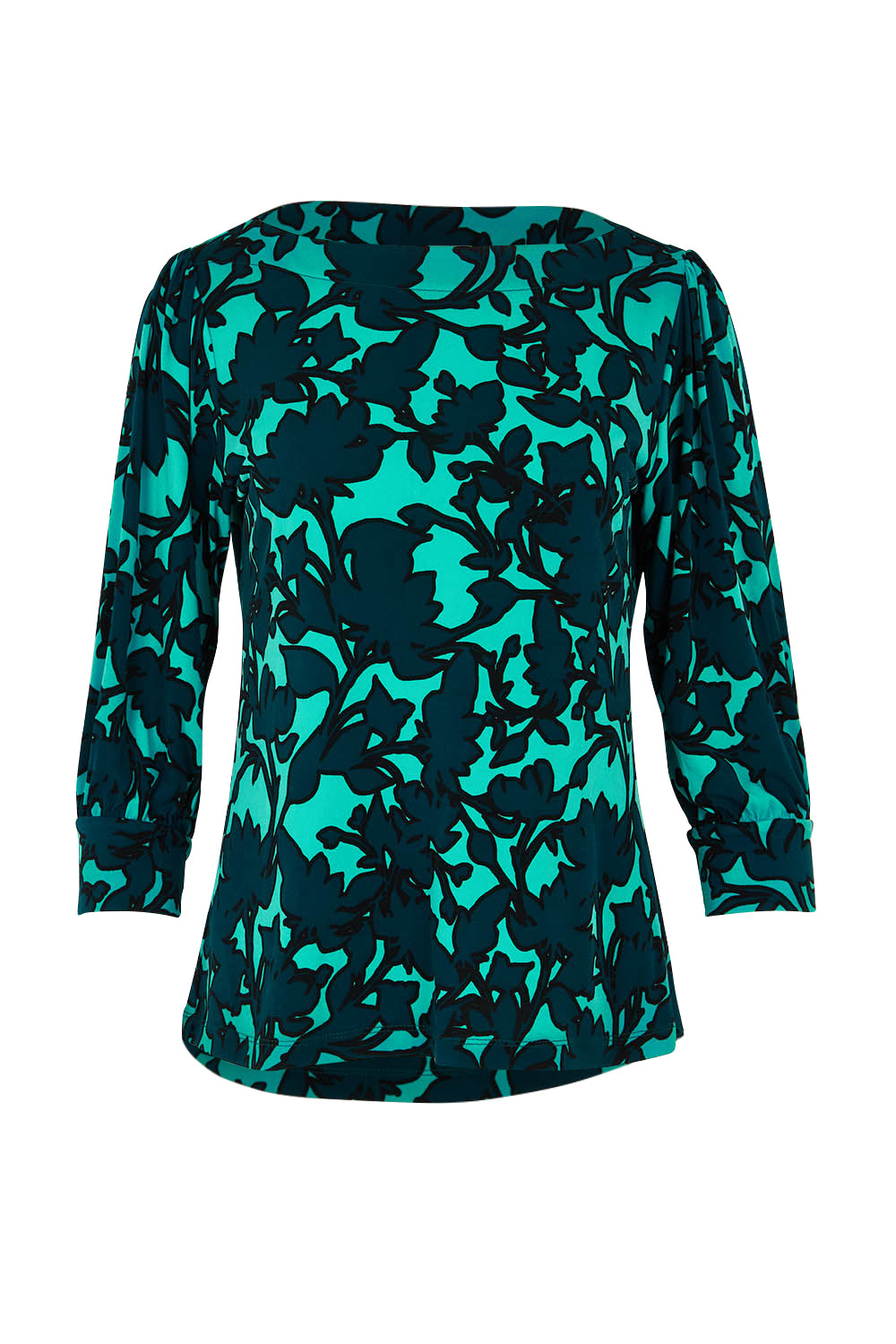 Product shot of The Printed Boat Neck Blouse in colour Tealfleur (Green), from the front