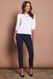 Model Madelinec wearing size 10 of the The Bamboo Boat Neck Top - White in colour White, from the front