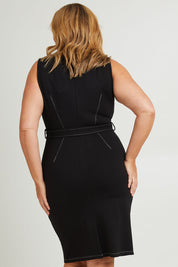 Model Fiona wearing size 16 of The Contrast Stitching Ponte Dress in colour Black (Black), from the back