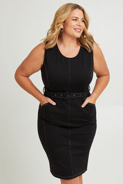 Model Fiona wearing size 16 of The Contrast Stitching Ponte Dress in colour Black (Black), from the front, cropped image