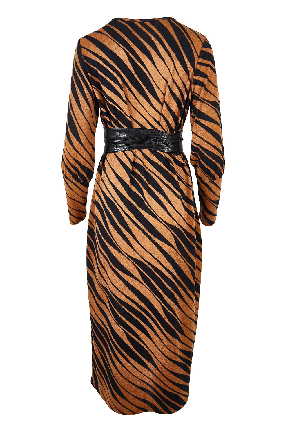 Product shot of The Printed Knit Dress With Belt in colour Abstract (Black), from the back
