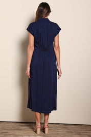 Model Madelinec wearing size 10 of the The Shirred Waist Detail Dress - Navyblue in colour Navyblue, from the front