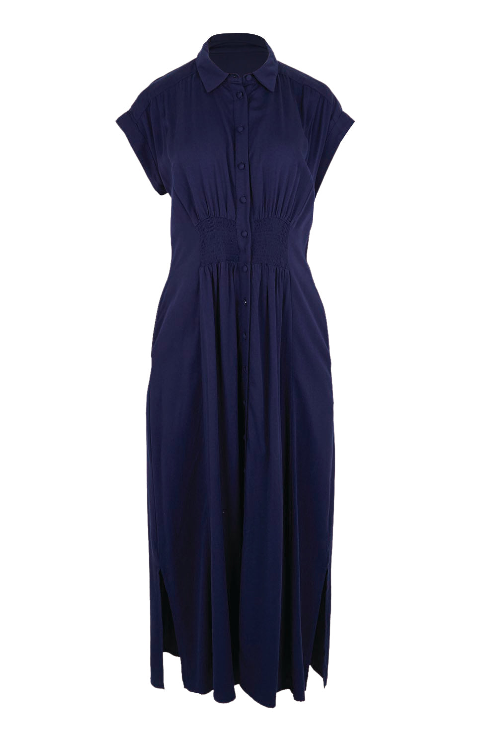 Product shot of the The Shirred Waist Detail Dress - Navyblue in colour Navyblue, from the front