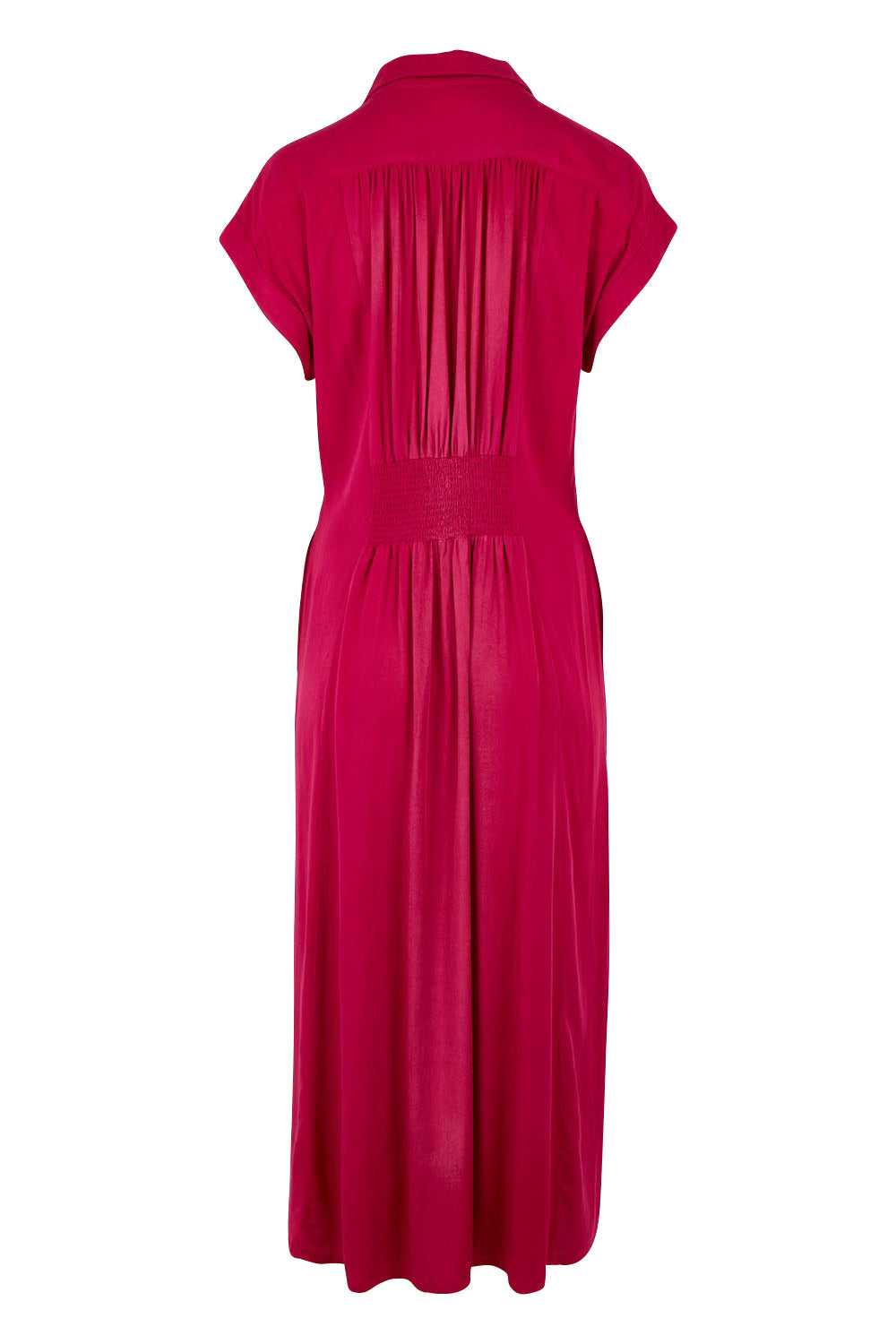 Product shot of The Shirred Waist Detail Dress in colour Raspberry (Red), from the back