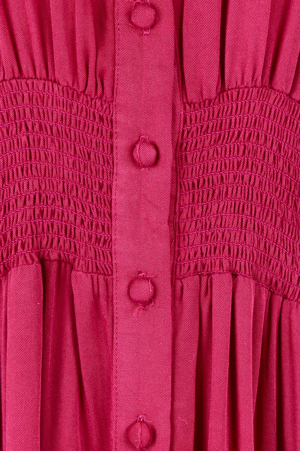 Product shot of The Shirred Waist Detail Dress in colour Raspberry (Red), detail