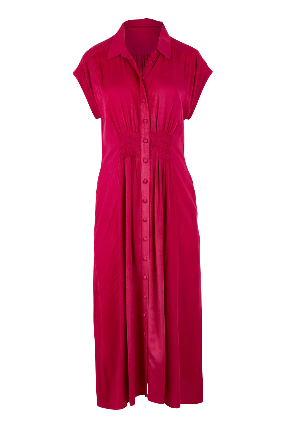 Product shot of The Shirred Waist Detail Dress in colour Raspberry (Red), from the front