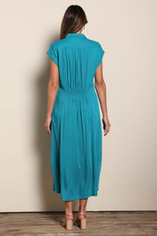 Model Madelinec wearing size 10 of the The Shirred Waist Detail Dress - Teal in colour Teal, from the front