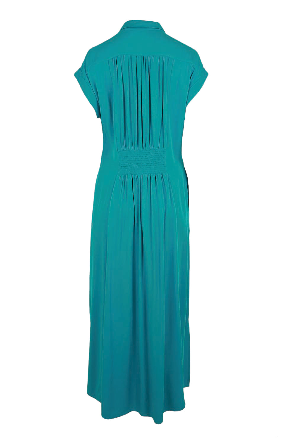 Product shot of the The Shirred Waist Detail Dress - Teal in colour Teal, from the back