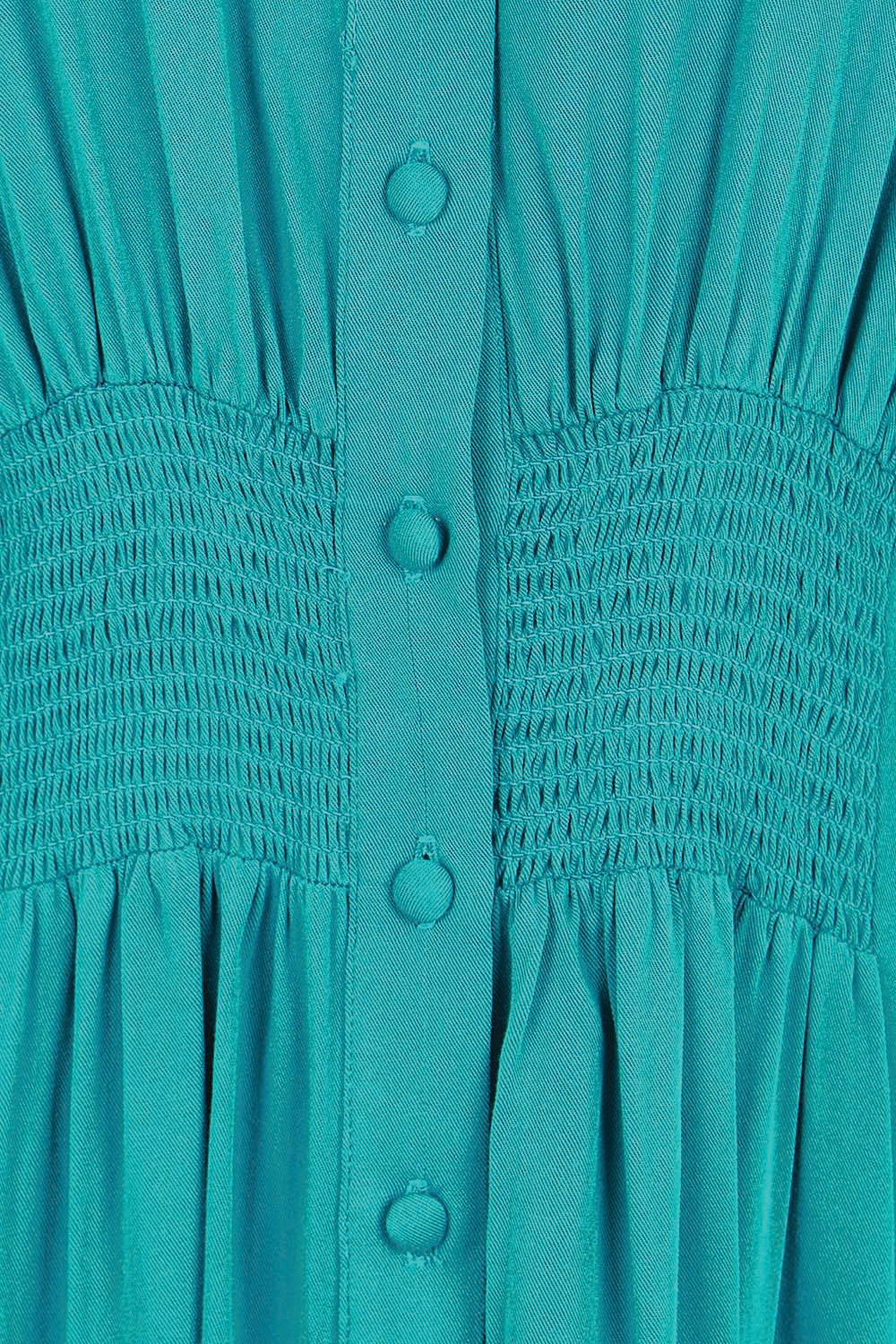 Product shot of the The Shirred Waist Detail Dress - Teal in colour Teal, showing detail