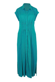 Product shot of the The Shirred Waist Detail Dress - Teal in colour Teal, from the front