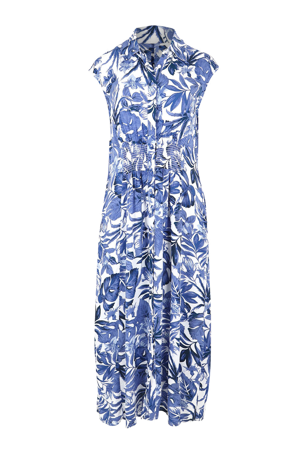 Product shot of The Shirred Waist Button Through Dress in colour Tropics (Blue), from the front
