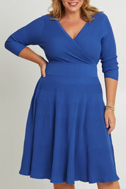 Model Fiona wearing size XL of The 3/4 Sleeve Reversible Knit Dress in colour Royalazure (Blue), from the front, cropped image