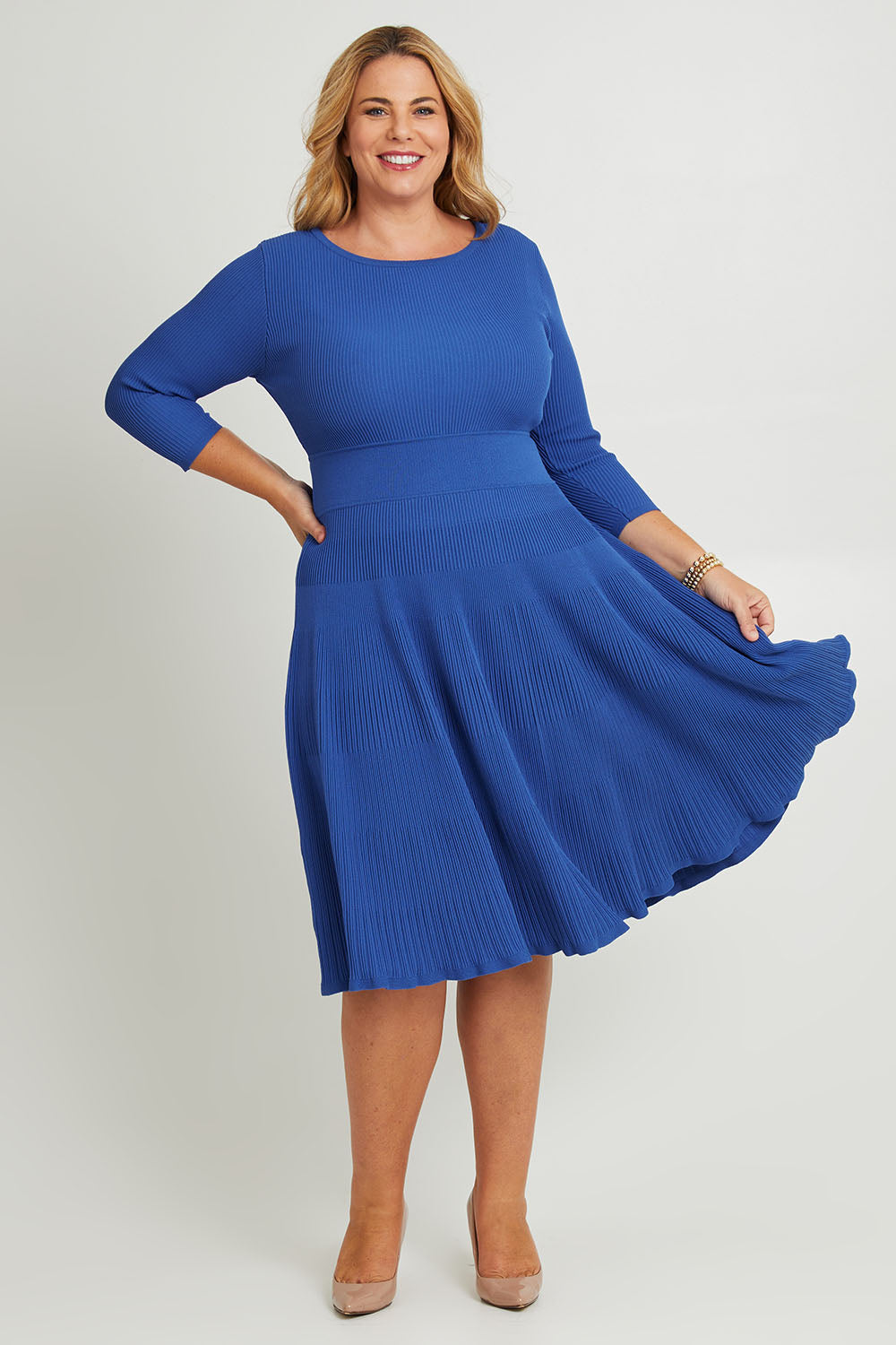 Model Fiona wearing size XL of The 3/4 Sleeve Reversible Knit Dress in colour Royalazure (Blue), from the front, showing the whole outfit