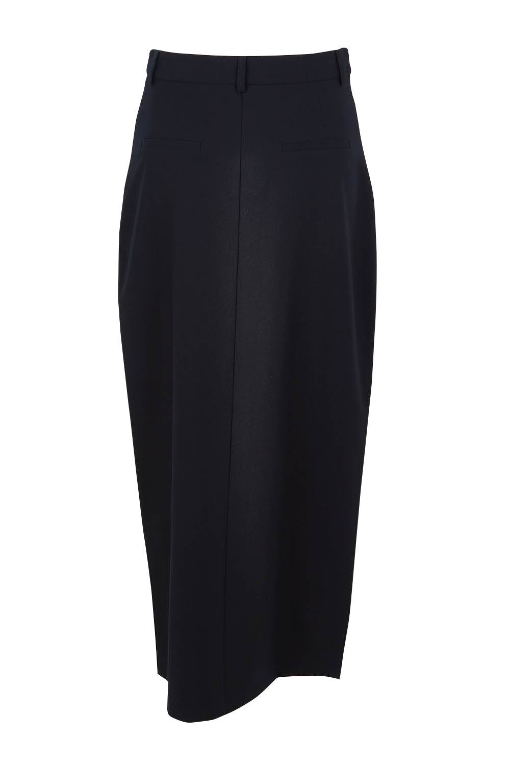 Product shot of The Tailored Maxi Skirt in colour Ink (Blue), from the back
