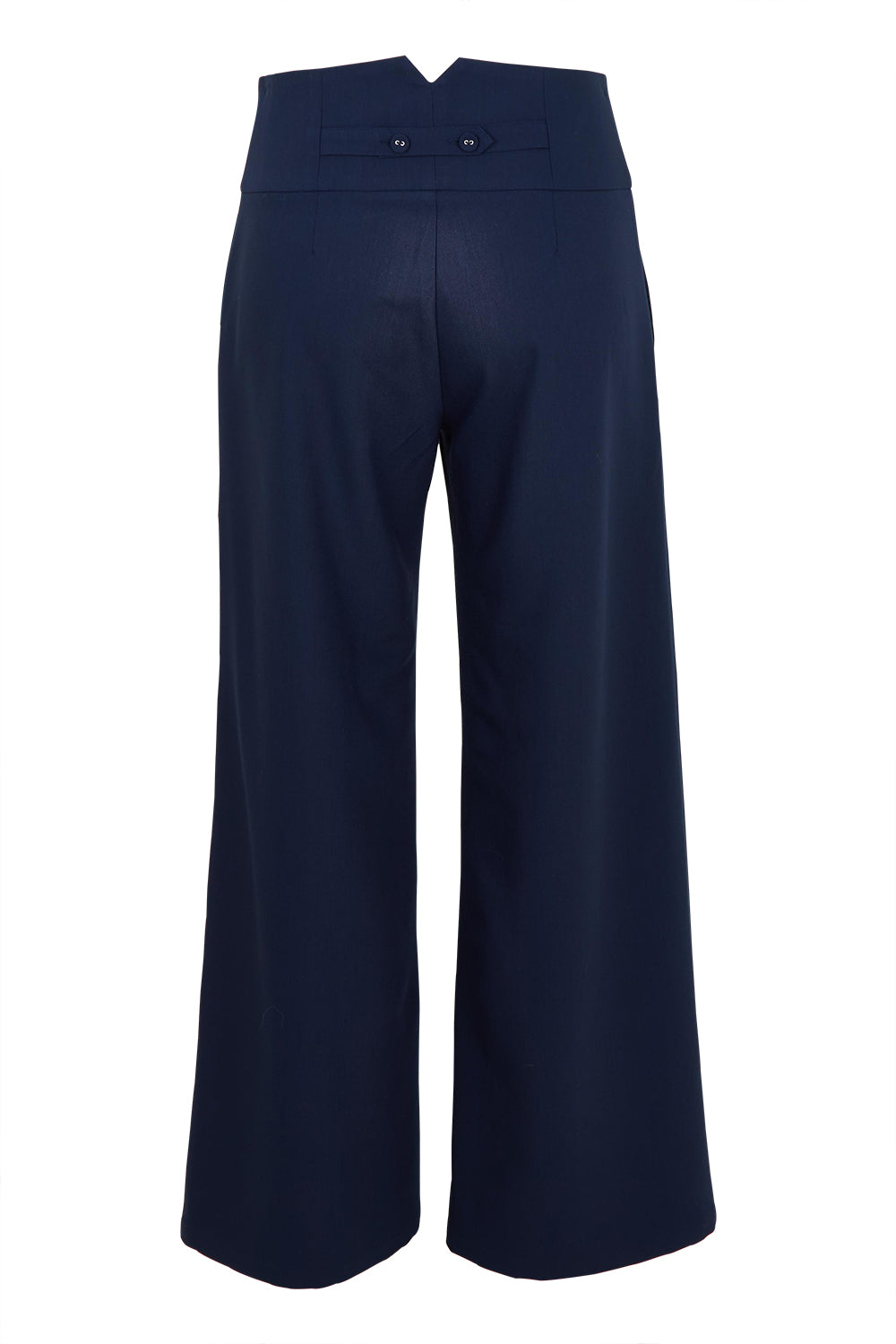 Product shot of The Tailored Pant in colour Navy (Blue), from the back