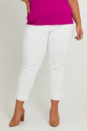Model Ashleigh wearing size 16 of The 7/8 Cotton Stretch Pull On Pant in colour Snow (White), from the front, cropped image