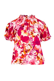 Product shot of The Shirring Detail Printed Top in colour Blooms (Pink), from the front