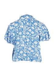 Product shot of The Shirring Detail Printed Top in colour Bluefleur (Blue), from the back