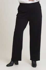 Model Chanel wearing size 16 of The Straight Cut Pull On Ponte Pant in colour Black (Black), from the front, cropped image