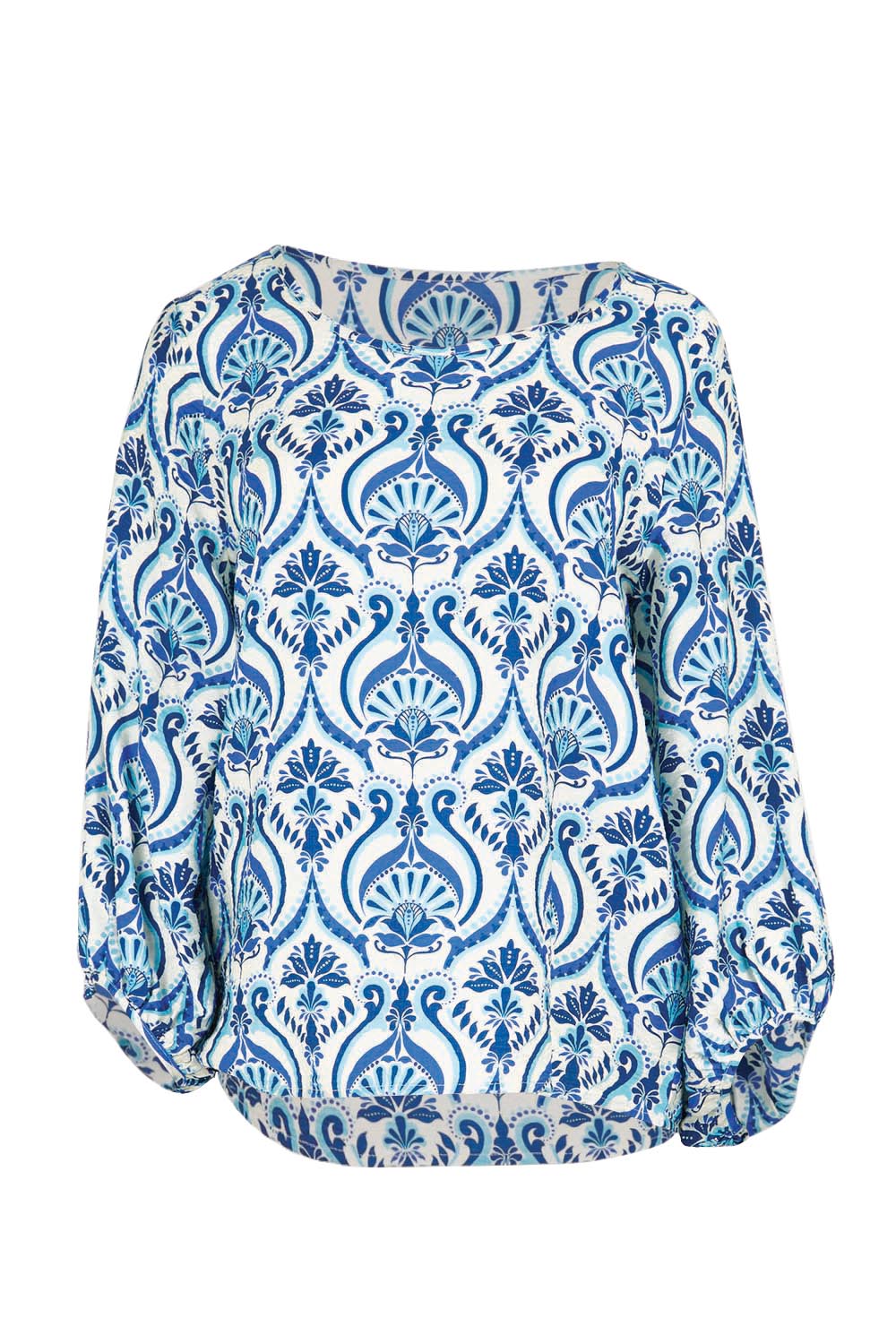 Product shot of the The Printed Bishop Sleeve Blouse – Bluedamask in colour Bluedamask, from the front
