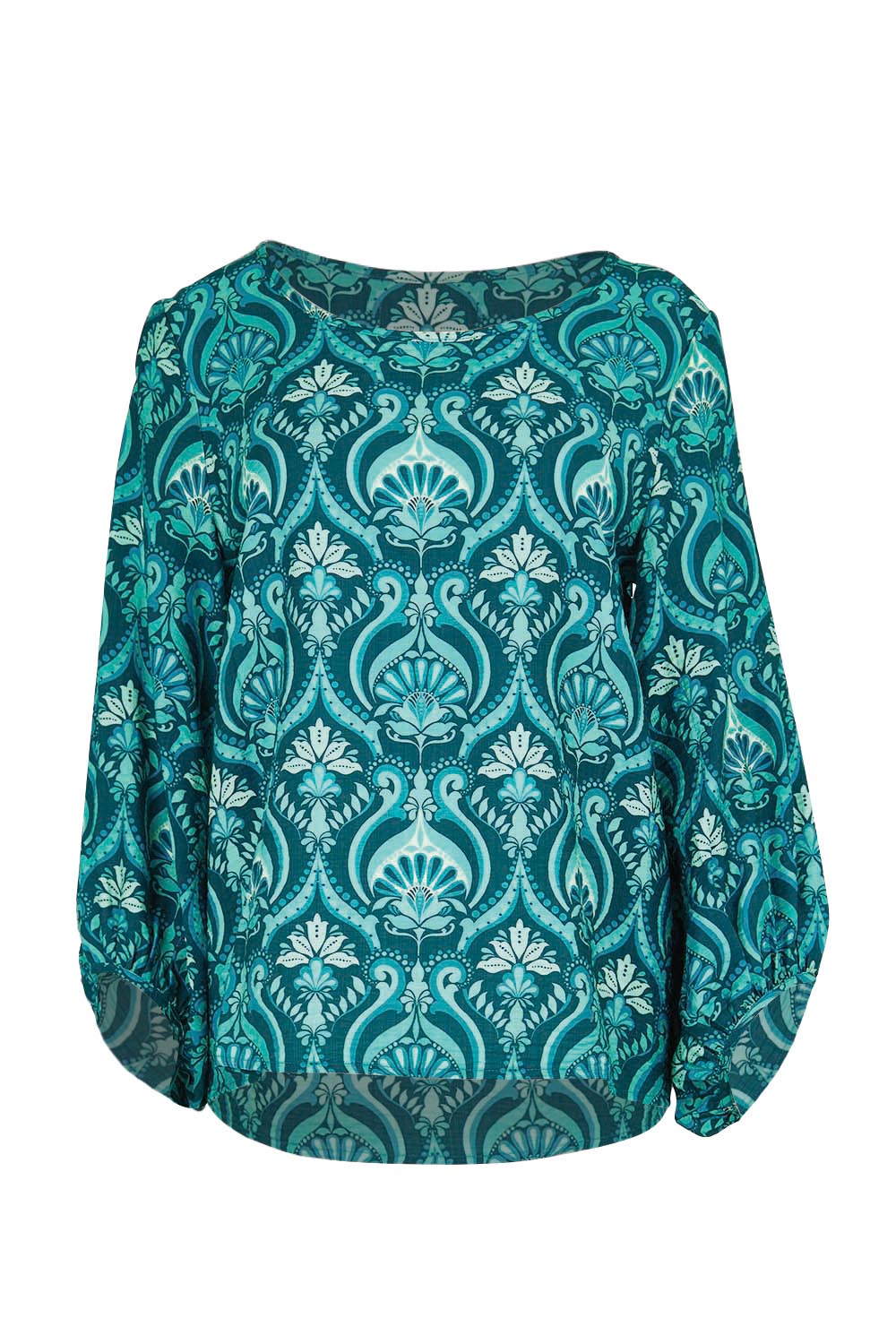 Product shot of the The Printed Bishop Sleeve Blouse – Tealdamask in colour Tealdamask, from the front
