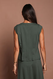 Model Amanda wearing size 10 of The Ponte Button Through Top in colour Forrest (Green), from the back
