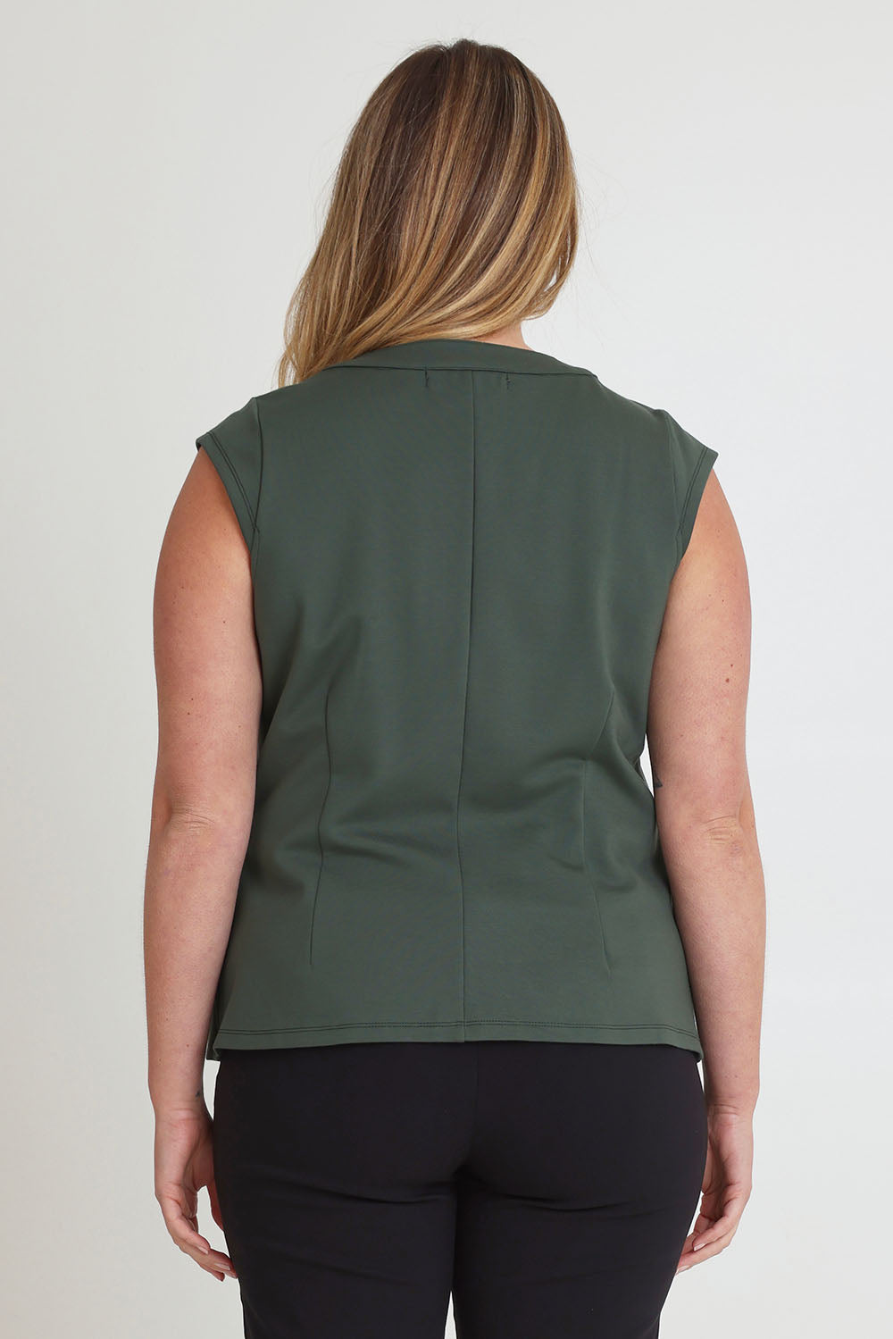 Model Chanel wearing size 16 of The Ponte Button Through Top in colour Forrest (Green), from the back