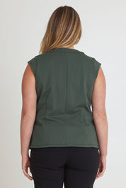 Model Chanel wearing size 16 of The Ponte Button Through Top in colour Forrest (Green), from the back