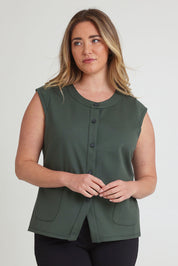 Model Chanel wearing size 16 of The Ponte Button Through Top in colour Forrest (Green), from the front, cropped image