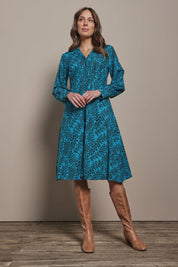 Model Madeline wearing size 10 of The Printed Cotton Button Through Dress in colour Tealbamboo (Blue), from the front, showing the whole outfit